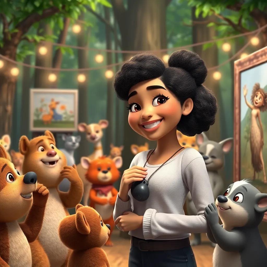 Artista smiling proudly at her artwork during a joyful exhibition in the forest, surrounded by cheerful animals clapping and admiring her creations, digital art, heartwarming scene, high-quality