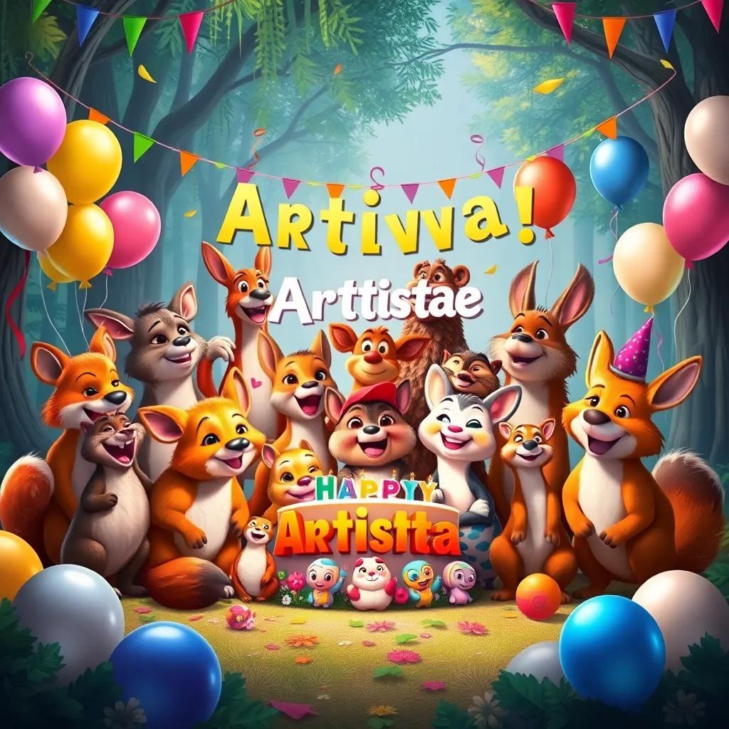 A large group of cheerful forest animals celebrating Artista's success, colorful balloons and decorations around, joyful atmosphere, digital painting, vibrant colors, high-quality
