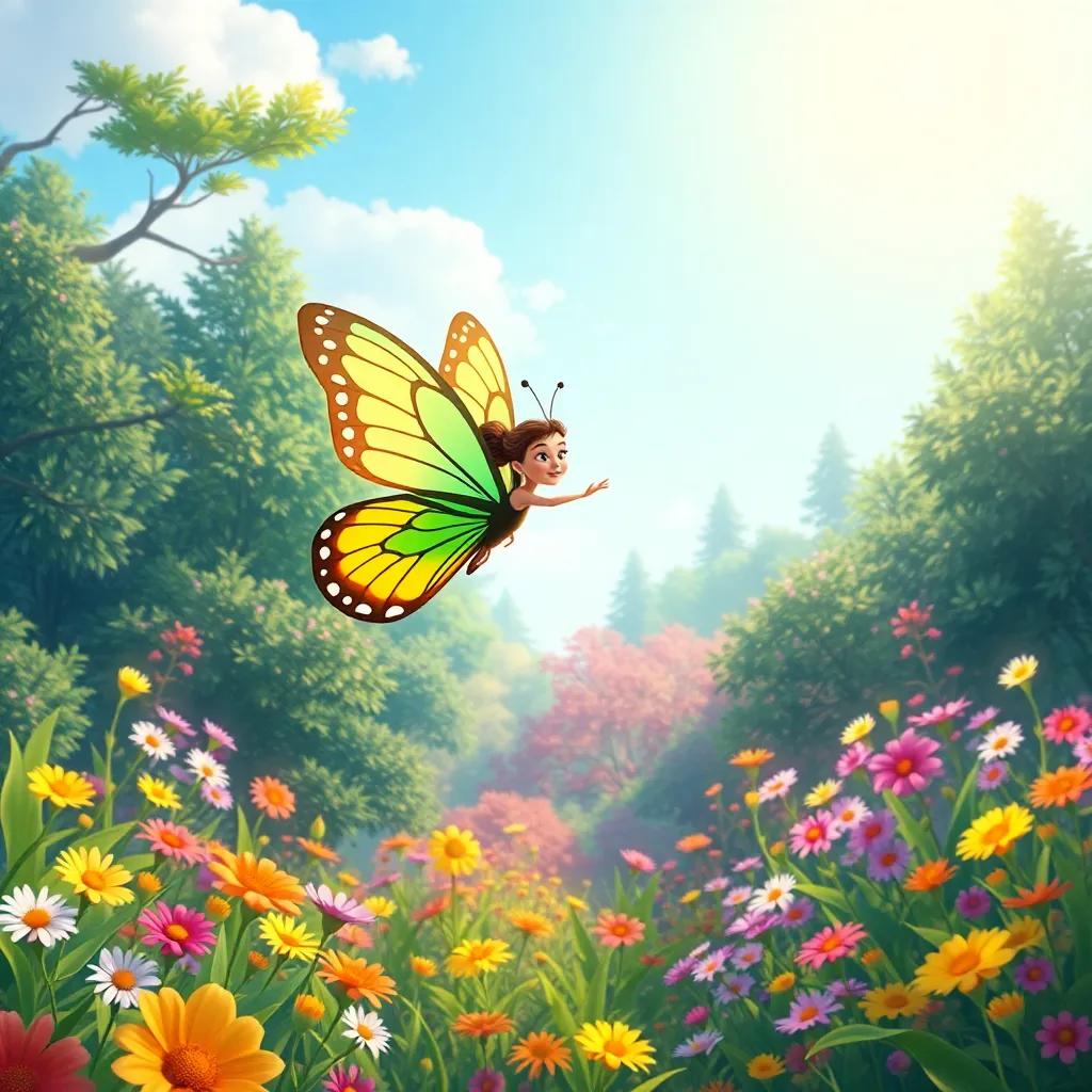 Artista, the butterfly, flying over the colorful forest full of flowers and sunshine after discovering her true talent, illustration, inspirational and uplifting, bright colors, high-quality