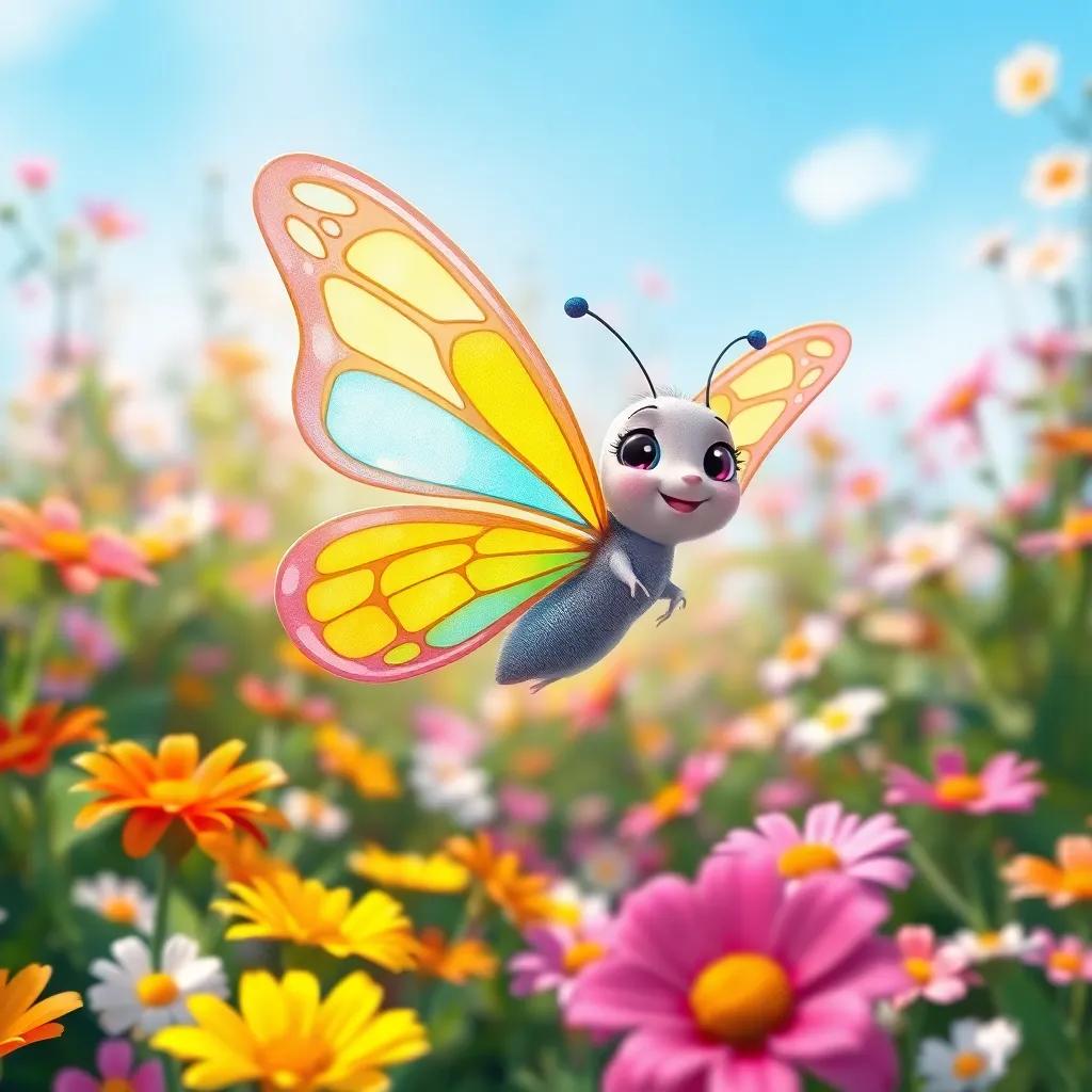 A small butterfly, Bella, with colorful wings of blue, yellow, and pink, flying in a beautiful garden filled with flowers, bright sunlight, cheerful atmosphere, vibrant colors, enchanting scene, detailed illustration