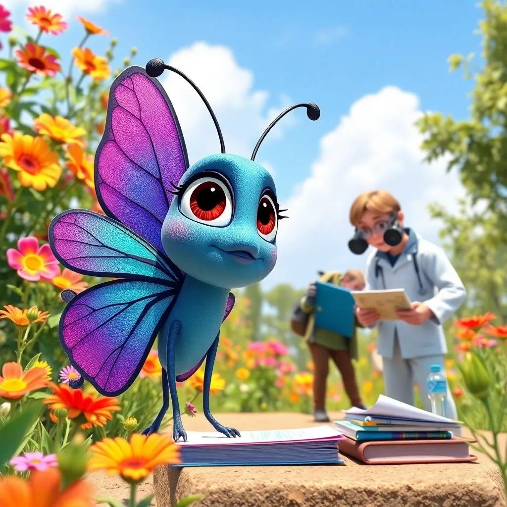 Bella the butterfly looking intrigued while observing scientists with notebooks and equipment, with vivid flowers in the background, sunny day, lively environment, capturing curiosity, bright colors, high quality