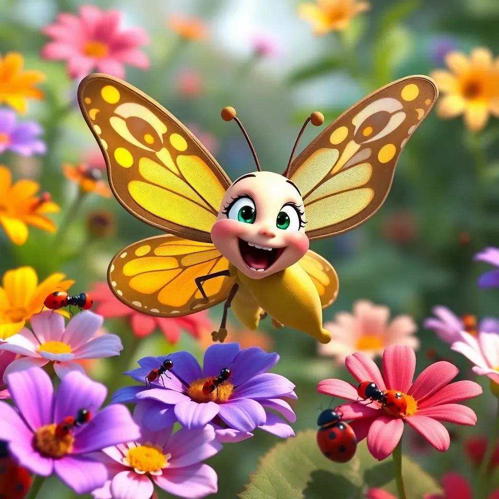 Bella the butterfly excitedly flying around flowers with ants and ladybugs, showing her joy of discovery in her vibrant garden, colorful scene, playful atmosphere, well-defined details