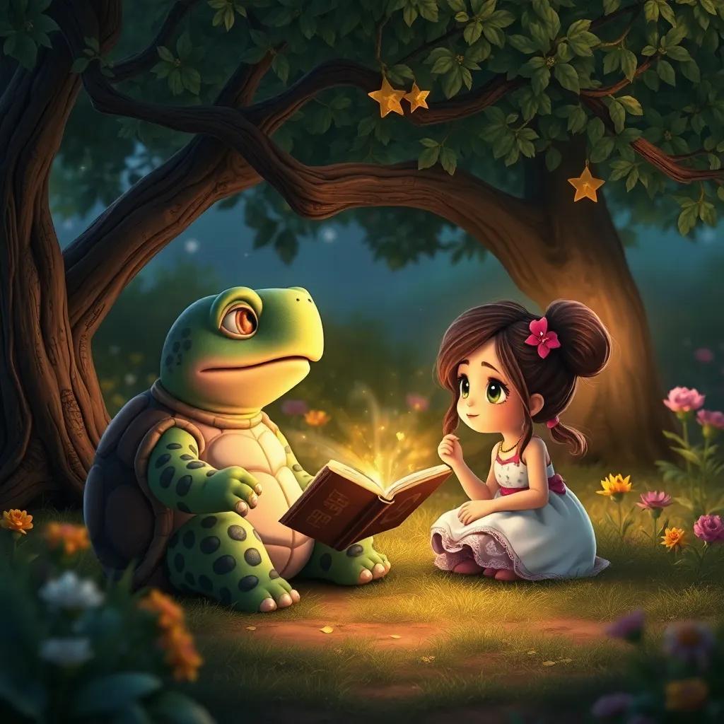 A wise turtle, Tula, sharing knowledge with Bella, in a lovely garden under a shady tree, with twinkling stars in the background, warm light, magical ambiance, realistic depiction