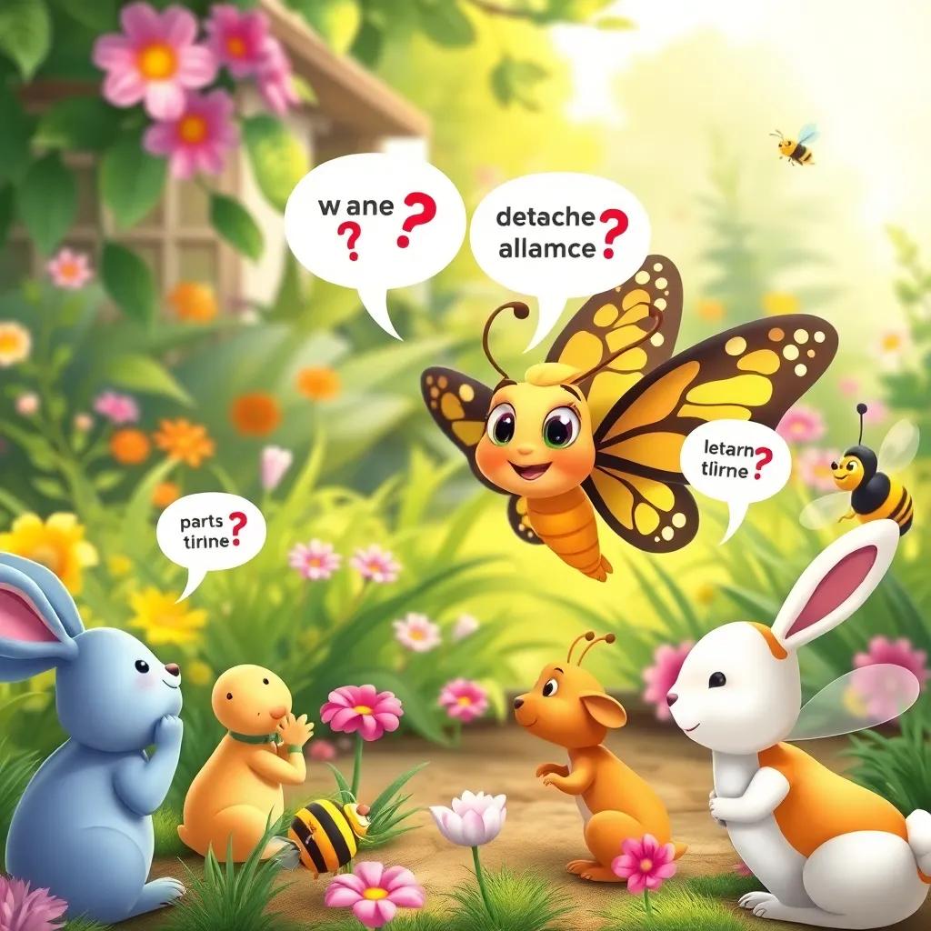 Bella the butterfly happily asking fellow garden creatures questions, like rabbits and bees, in a vibrant community setting, cheerful mood, rich colors, engaging illustration