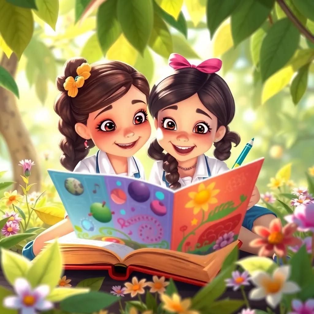 Bella with her friends working on a colorful science book, surrounded by leaves and flowers, illustrating their discoveries, bright daylight, joyful atmosphere, detailed art