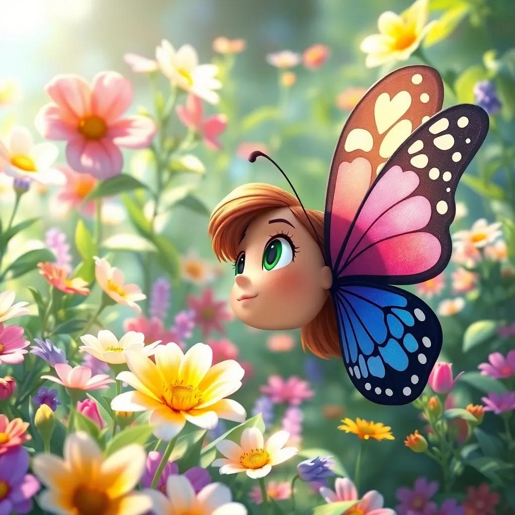 Bella the butterfly marveling at the beauty of nature, surrounded by blooming flowers and vibrant plants, in a magnificent garden setting, refreshing colors, magical atmosphere, beautiful painting