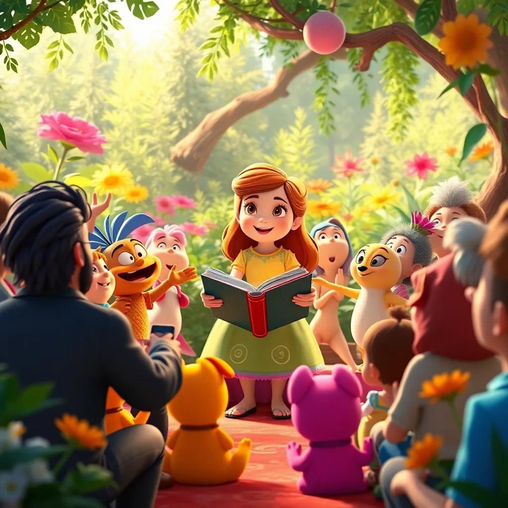 A grand scene of Bella presenting her book to garden friends, sharing her discoveries with excitement, bright colors and joyful expressions of the audience, uplifting atmosphere, vivid representation