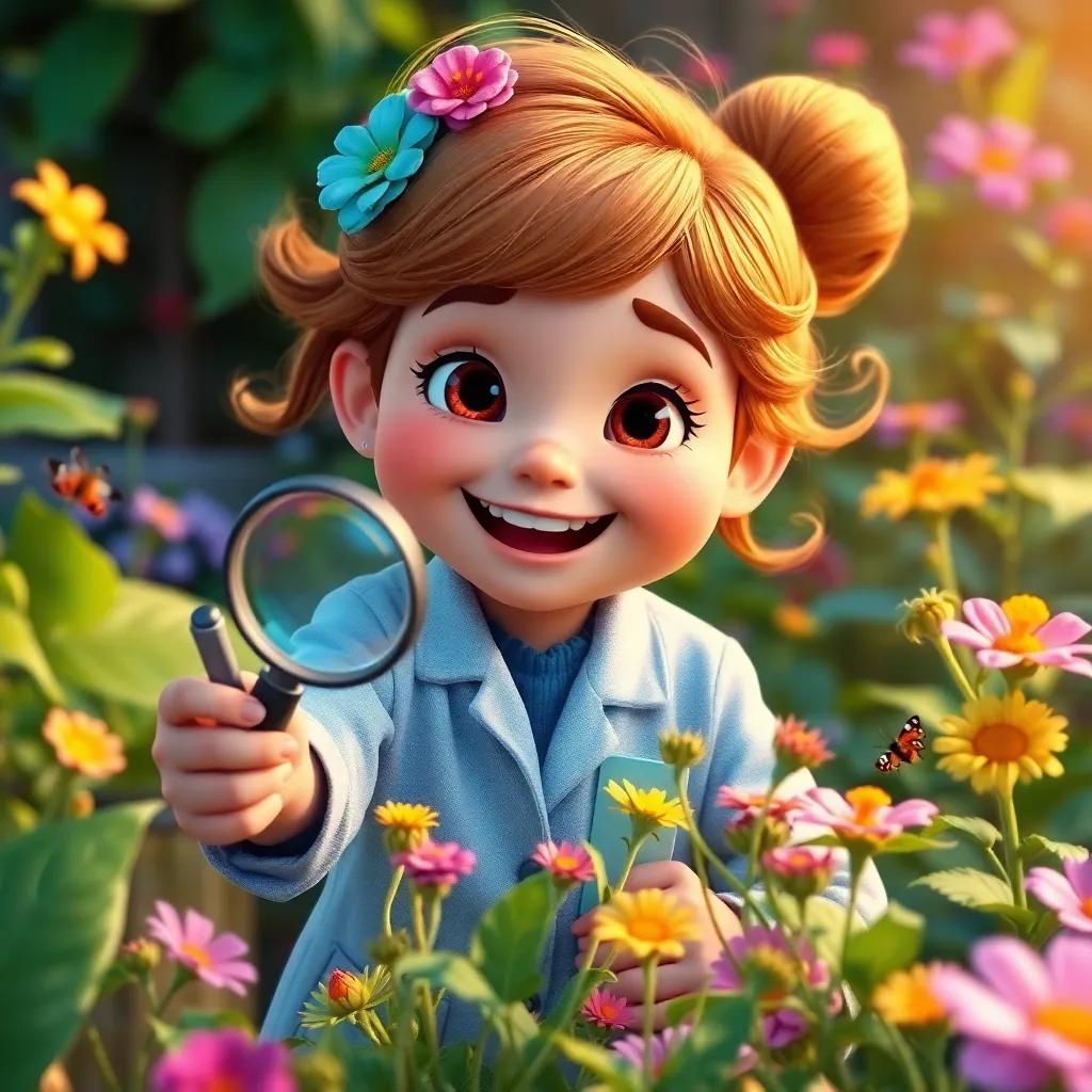 Bella, the butterfly scientist, joyfully exploring her garden with a magnifying glass, studying plants and insects, surrounded by a lively and colorful setting, vivid textures, engaging visual