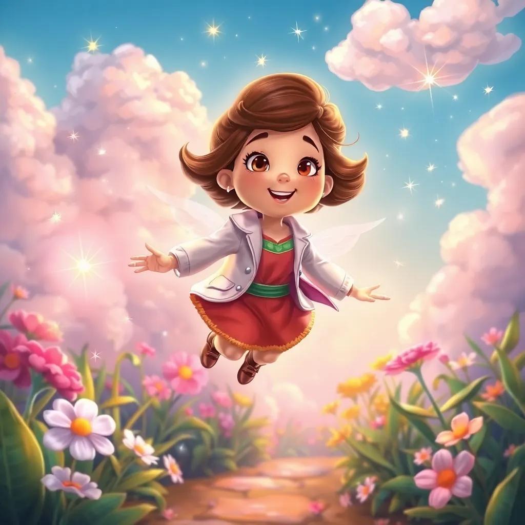 Bella flying high in her garden, dreams of future scientists depicted as sparkles and clouds around her, showcasing her journey of learning, bright colors, hopeful scene, artistic illustration