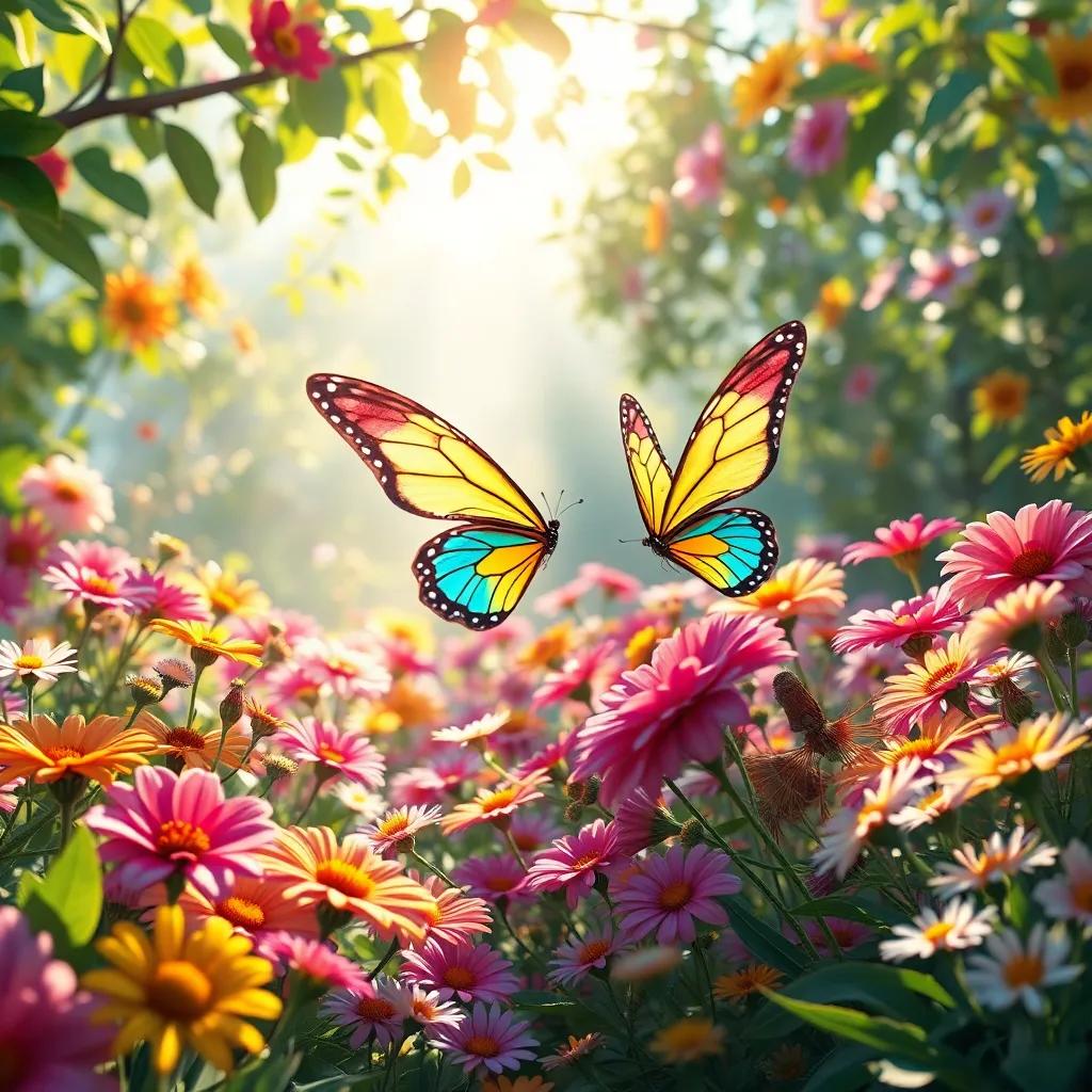 A colorful garden full of flowers in various shades, with bright sunlight filtering through the leaves, a dreamy butterfly named Lila with vibrant wings, digital art, serene atmosphere, high quality