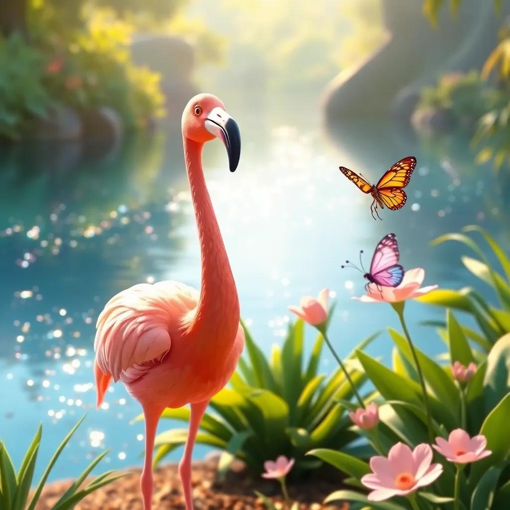 A graceful flamingo named Rosa, standing by the edge of a sparkling lake, smiling at Lila, a colorful butterfly, with lush green plants around, warm light, cheerful scene, high detail