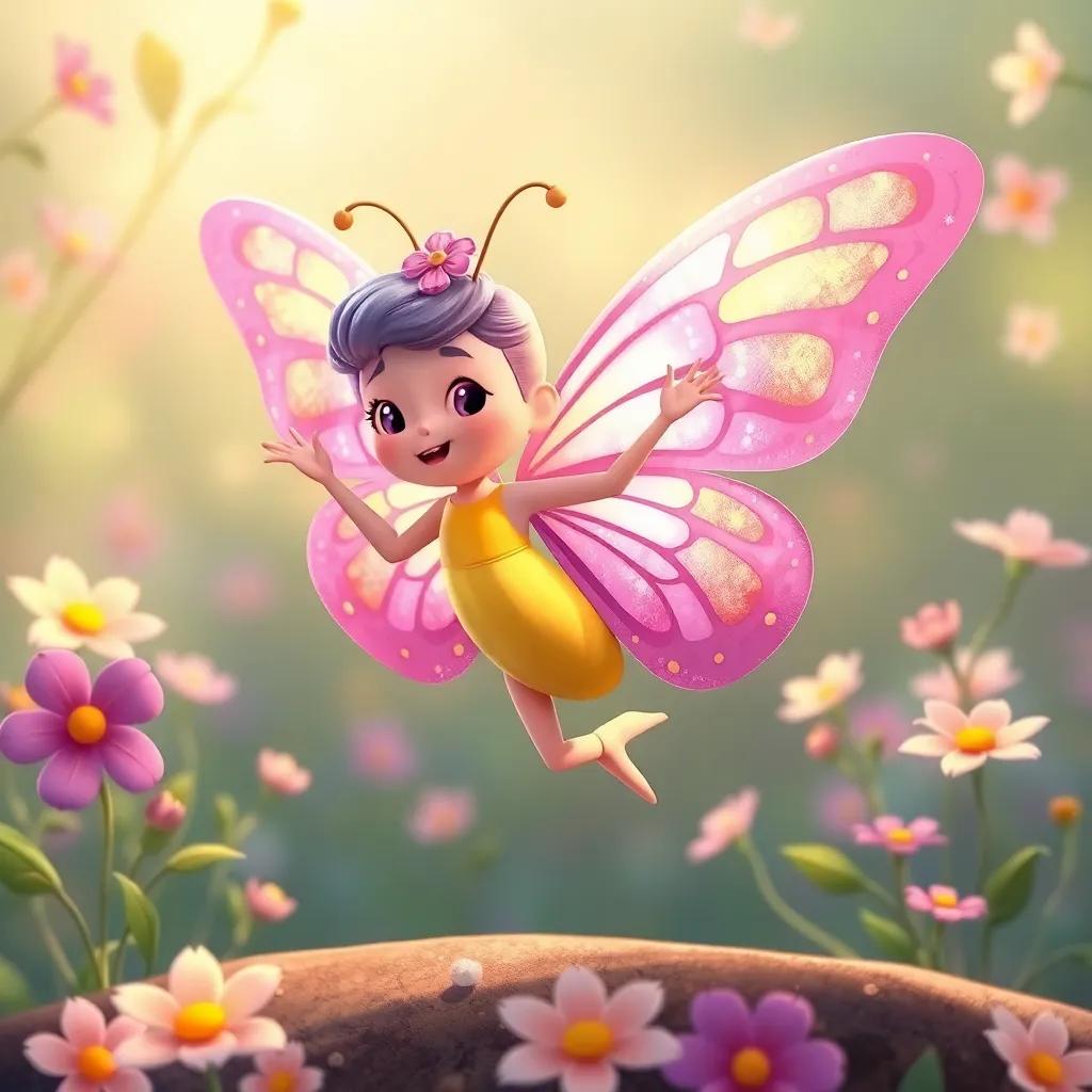 Lila the butterfly practicing dancing with her shimmering wings reflecting sunlight, surrounded by gentle breezes and blooming flowers, vibrant colors, joyful mood, child-friendly, digital illustration