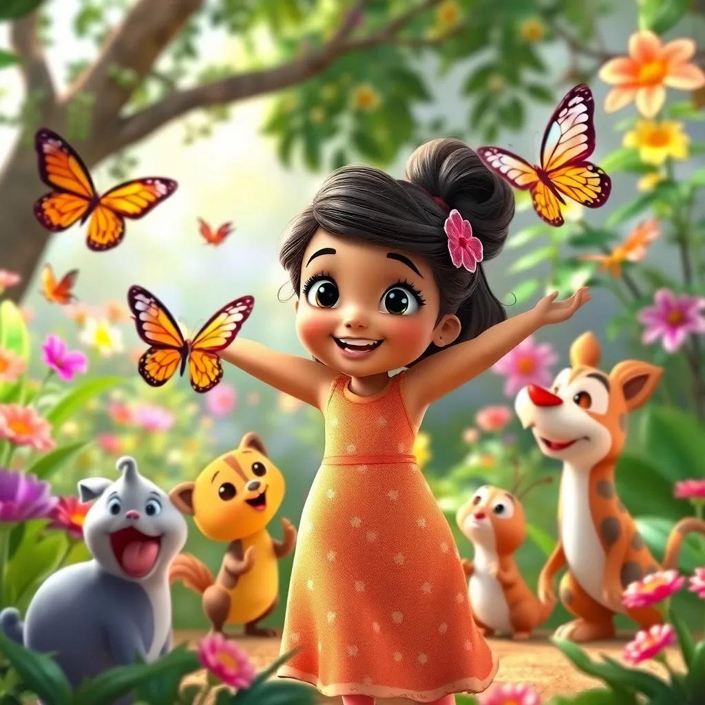 Lila inviting her friends in the garden to watch her dance, with a bright smile and excited expressions on the butterflies and animals, colorful background, lively atmosphere, high quality