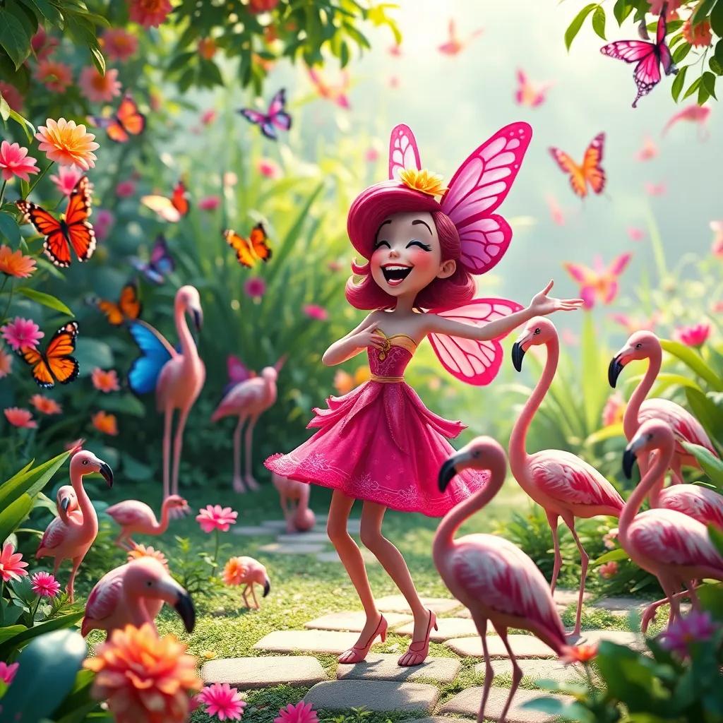 All the butterflies and flamingos gathered in the garden, laughing and enjoying Lila's unique dance performance, a burst of joy and colors, magical setting, high detail, playful view