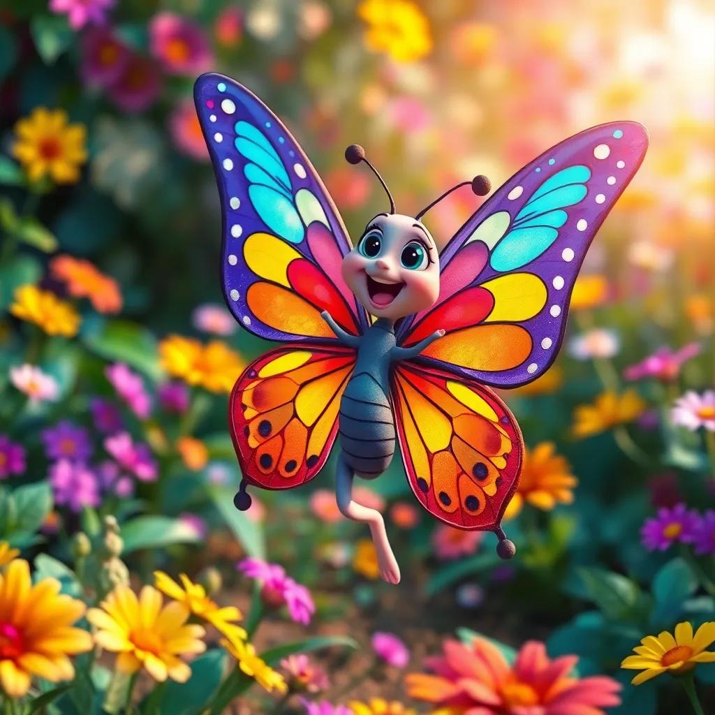 A colorful butterfly named Bella, dancing joyfully in a garden filled with flowers, vibrant and festive atmosphere, digital art, bright colors, cheerful ambiance, high quality