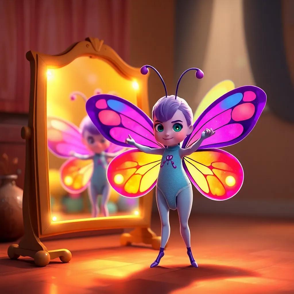 Bella the butterfly practicing dancing in front of a mirror, her colorful wings spread wide, glowing with confidence and happiness, warm light, cozy atmosphere, colorful, joyful