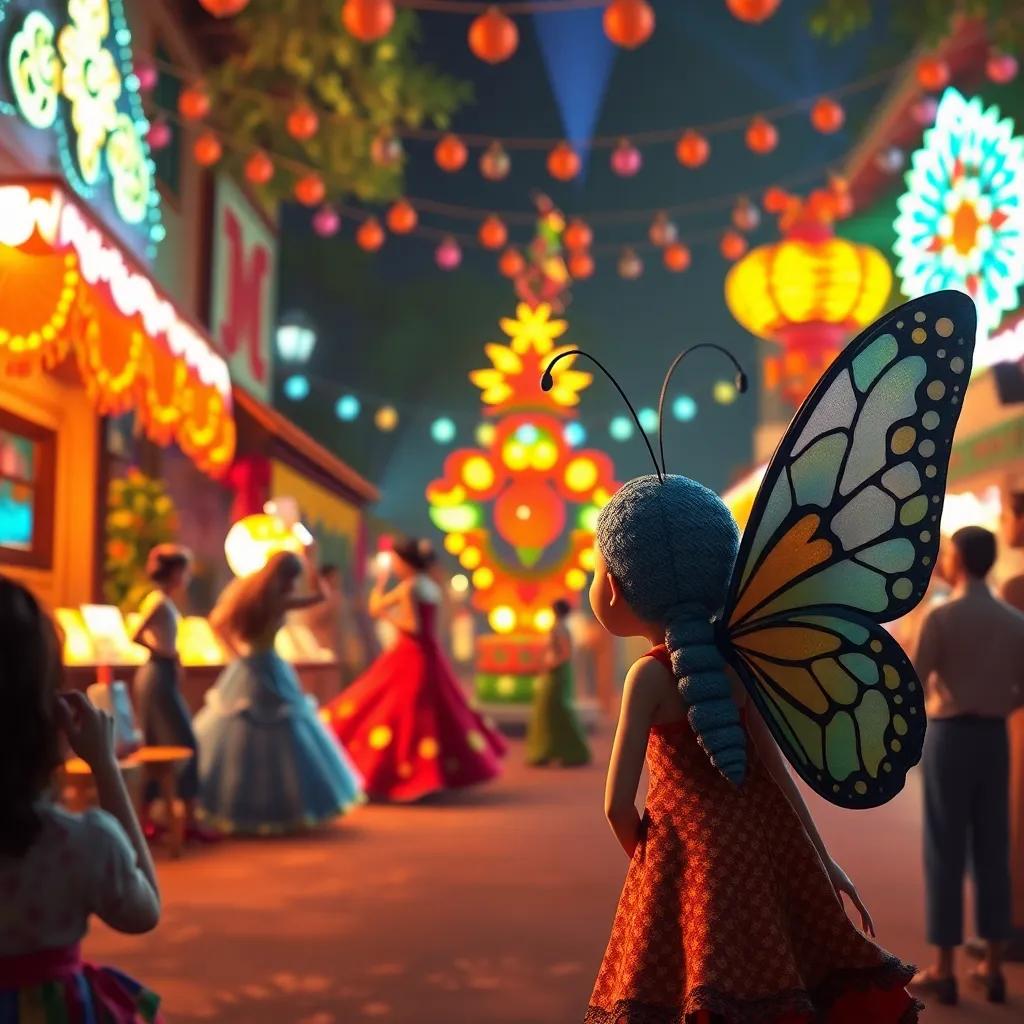 Bella the butterfly watching flamenco dancers at a lively village party, surrounded by bright lights and music floats, highly detailed, vibrant scene, festival mood