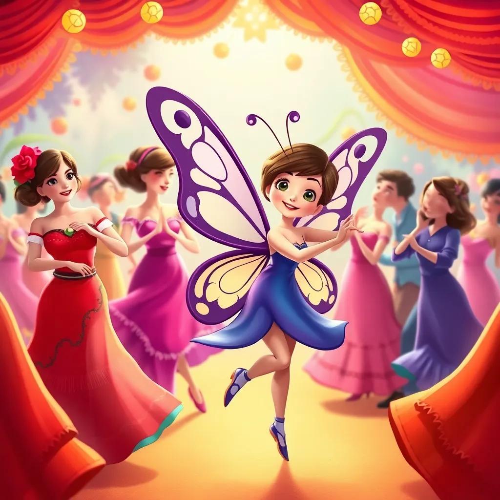 Bella the butterfly dancing with flamenco dancers, her wings matching their dresses, everyone smiling and enjoying the dance, colorful, lively environment, joyful illustration
