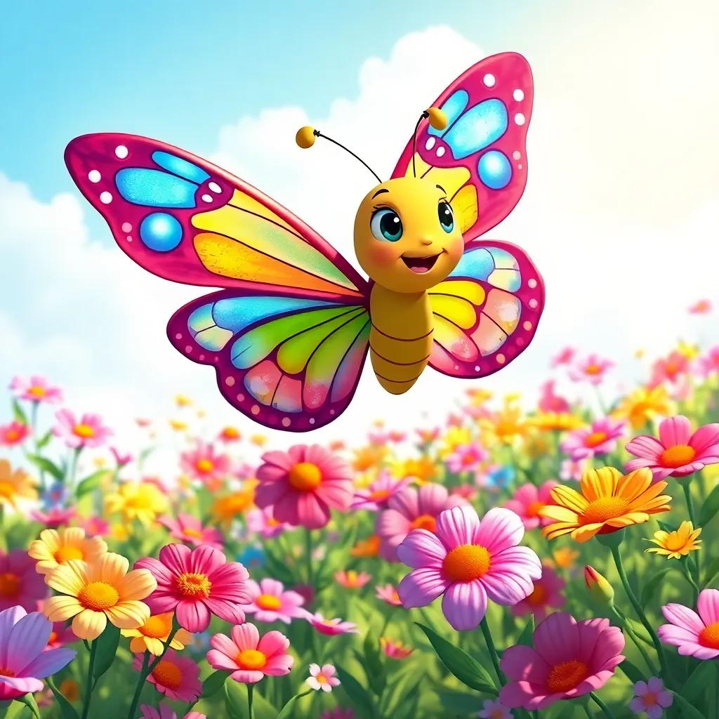 A curious butterfly named Lila, with colorful wings, happily flying over a beautiful garden filled with vibrant flowers in a sunny day, illustration, bright colors, cheerful atmosphere, high quality