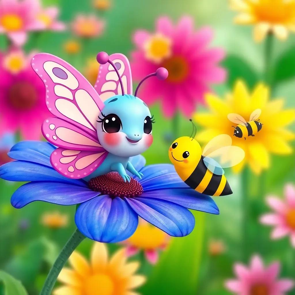 Lila the butterfly resting on a blue flower, talking to a friendly bee, with a colorful background of blooming flowers, cute and cheerful illustration, vivid colors, child-friendly