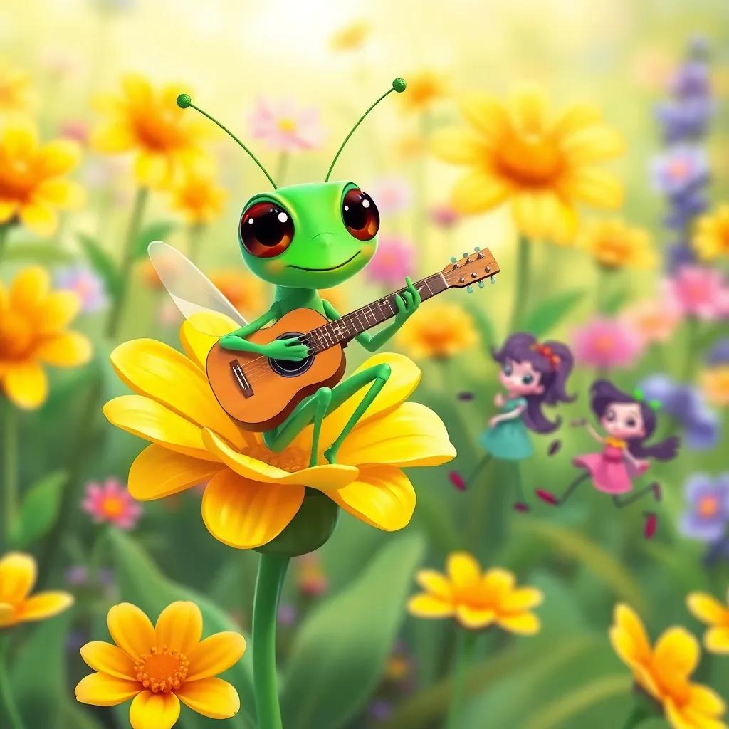 A cheerful grasshopper playing music on a yellow flower, with Lila and friends dancing happily around, bright garden background, lively and engaging illustration, colorful