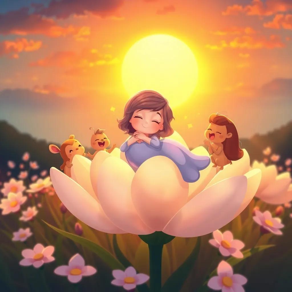Lila resting on a shining white flower at sunset, surrounded by her friends singing together, warm colors and a joyful atmosphere, heartwarming illustration, friendly