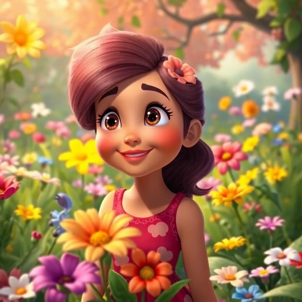 Lila looking with wonder at a beautiful garden filled with various flowers, ready to share her story, smiling with her friends, enchanting background, vivid colors, imaginative