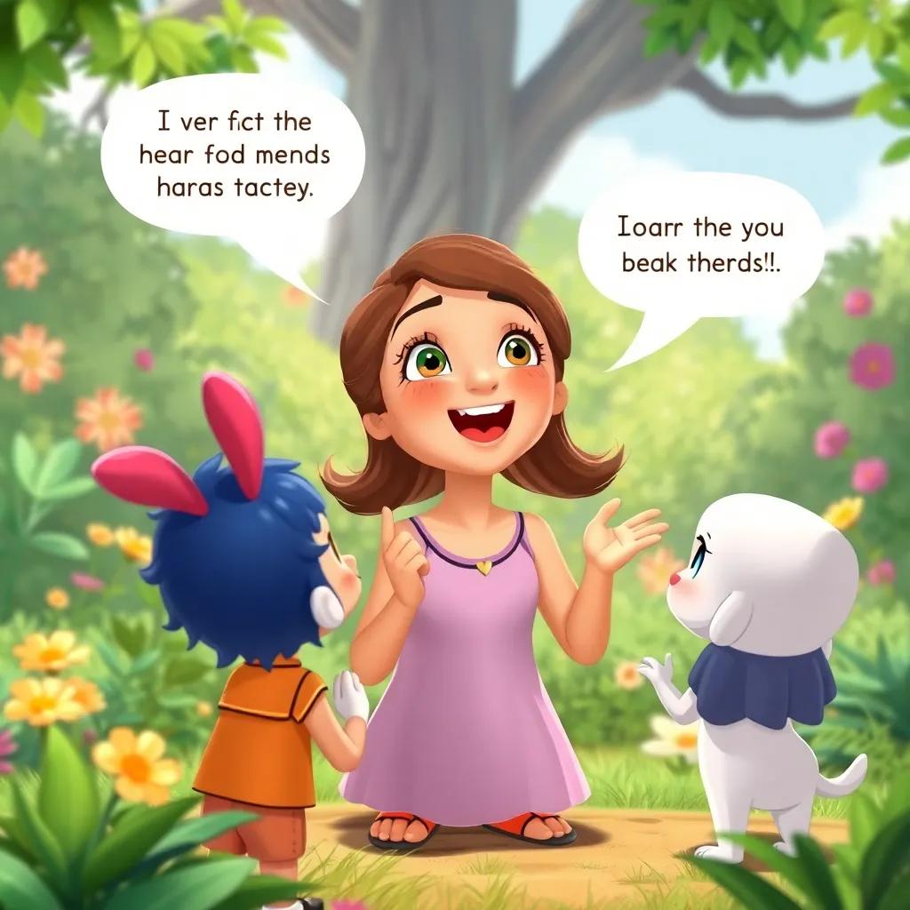 Lila excitedly telling her friends about her dream of sharing the garden with others, animated expressions, colorful scenery, inspiring illustration, friendly