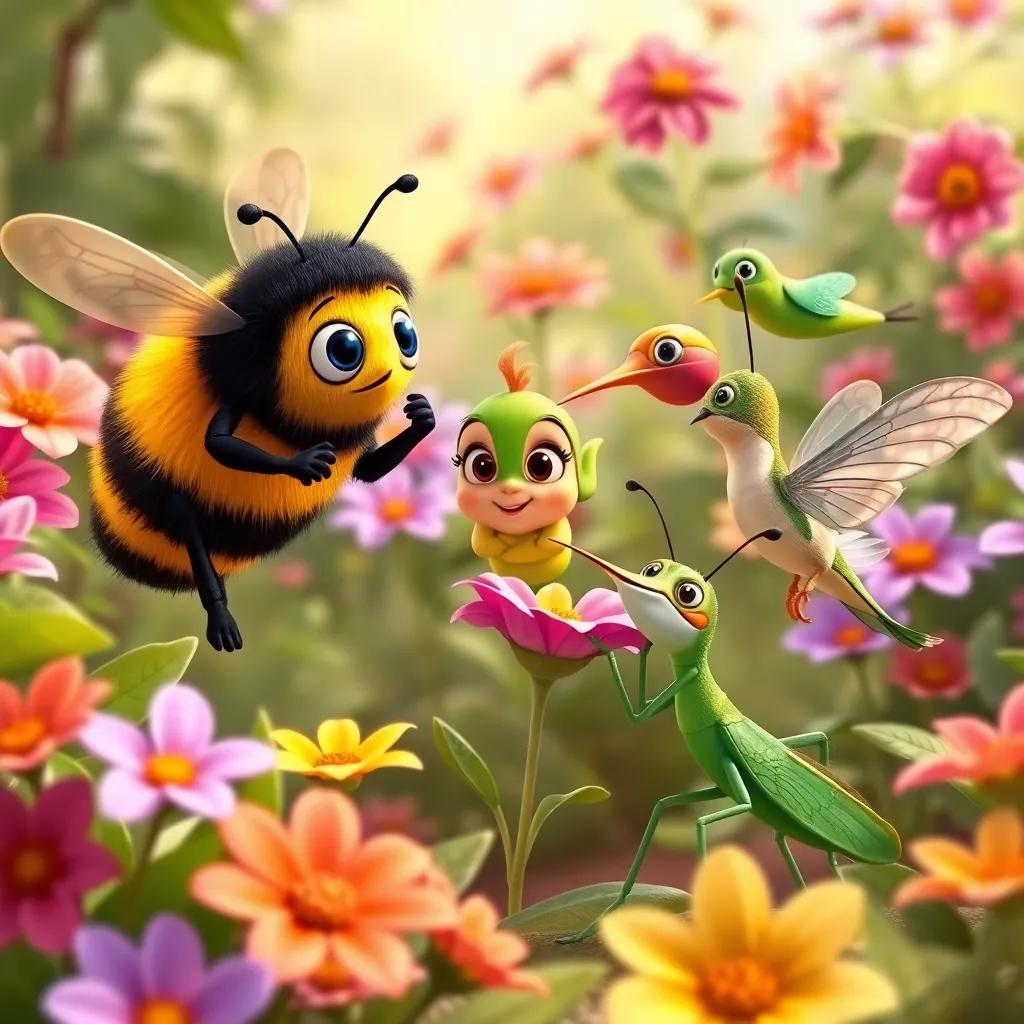 Bumblebee, hummingbird, and grasshopper helping Lila plan her adventure in the garden, vibrant flowers around them, dynamic and cheerful atmosphere, engaging art style, warm colors