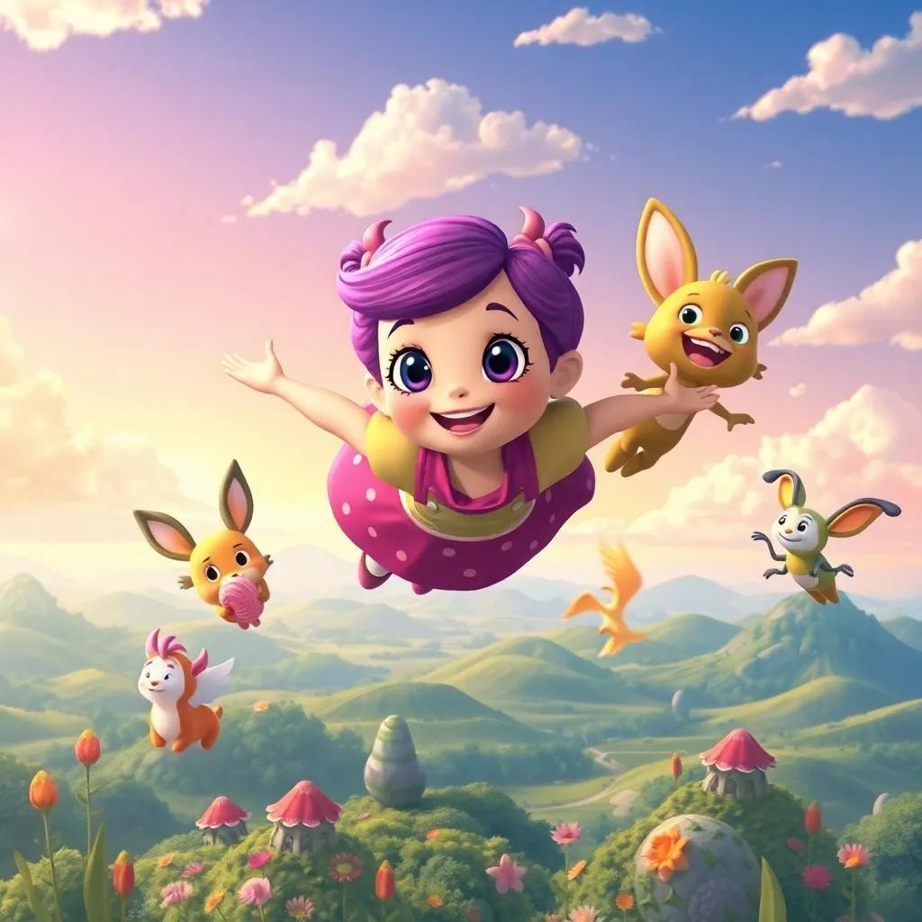Lila and her friends flying high in the sky, discovering new landscapes beyond the garden, lively and adventurous scene, colorful and beautiful illustration, child-friendly