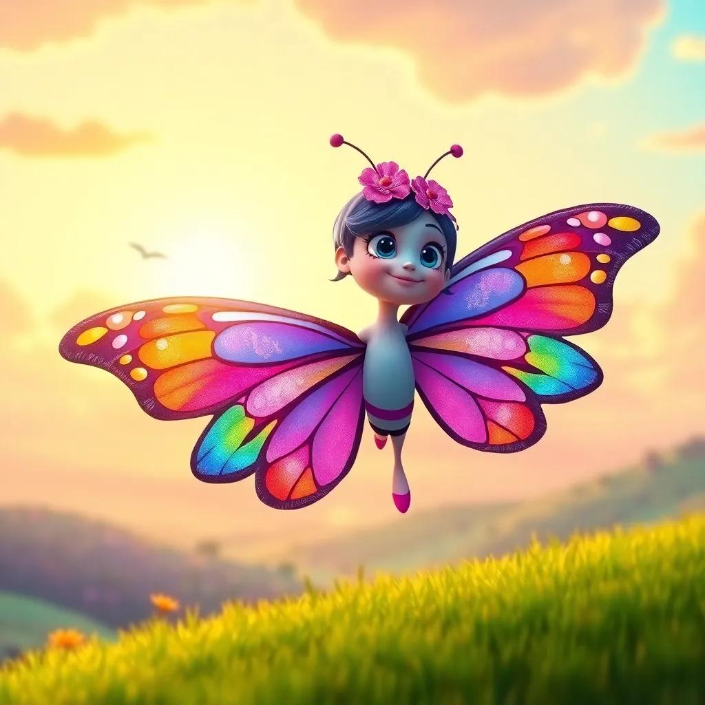 Lila the butterfly, with her colorful wings spread wide, continuing her journey with friends toward the horizon, symbolizing hope and adventure, stunning background, bright colors, optimistic