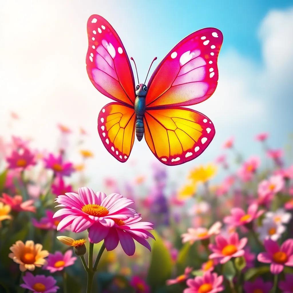 A beautiful butterfly named Lila with bright colored wings flying joyfully above a vibrant flower garden, digital art, colorful, cheerful atmosphere, high quality