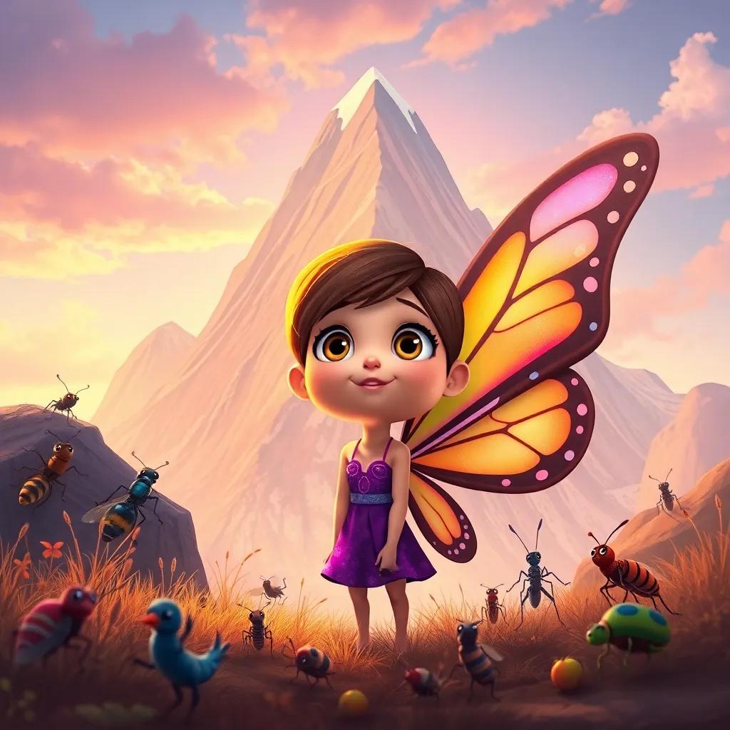 Lila, the beautiful butterfly, looking at a tall mountain with determination in her eyes, surrounded by various insects watching her, illustration, inspiring, warm colors, joyful scene