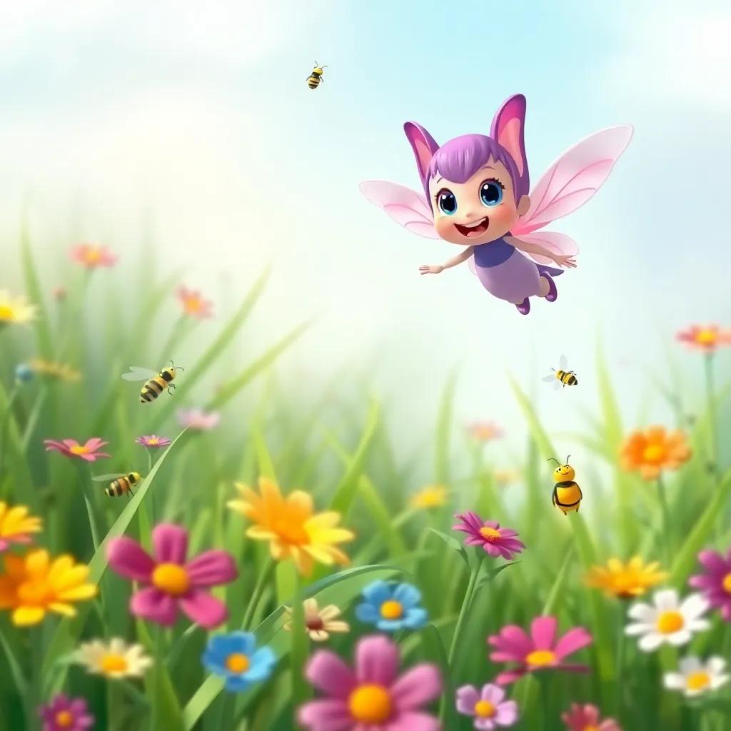 Lila flying low over green grass and colorful flowers, announcing her adventurous plan to all the insects around, child-friendly, bright colors, cartoonish style, happy vibes