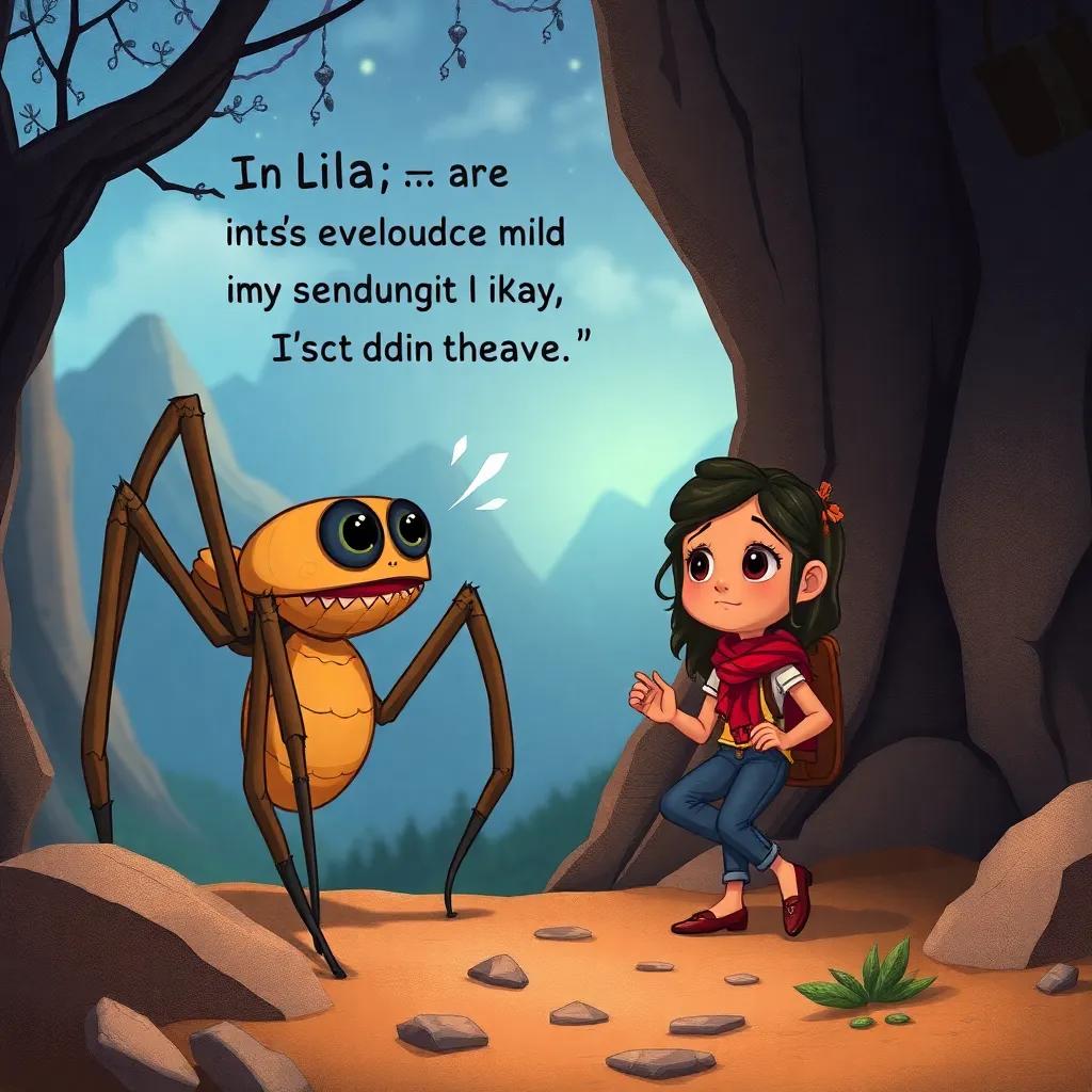 A worried spider warning Lila about the dangers of the mountain, with Lila looking determined and ready to continue her journey, cozy scene, detailed illustration