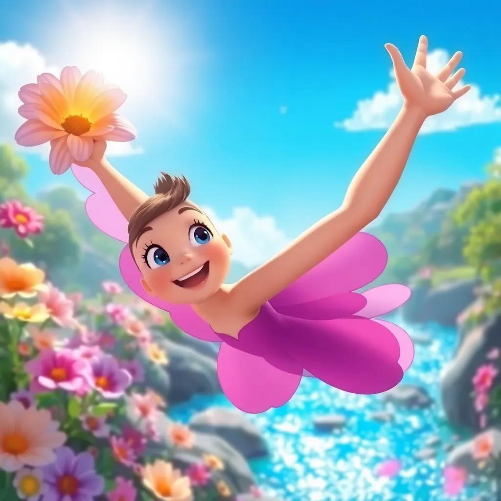 Lila, bravely flying upward, surrounded by beautiful flowers and a sparkling river, a sunny day with bright blue skies, vibrant and cheerful digital painting