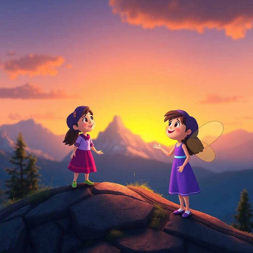 Lila reaching the halfway point of the mountain, meeting a friendly firefly who smiles at her, with a mountain view in the background, warm light, friendship theme, heartwarming