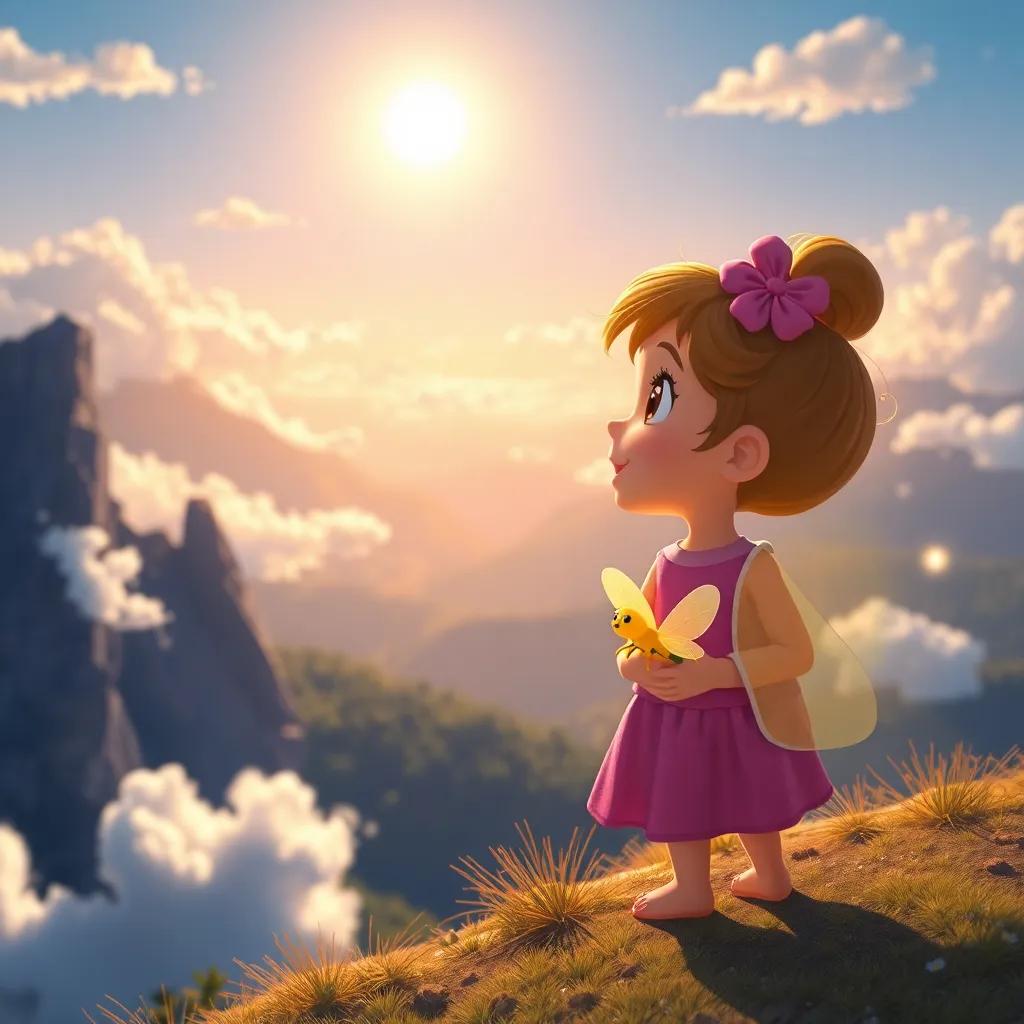 Lila and the firefly excitedly looking at the stunning view from the mountain top, with fluffy white clouds and a shining sun, joyful atmosphere, colorful art style