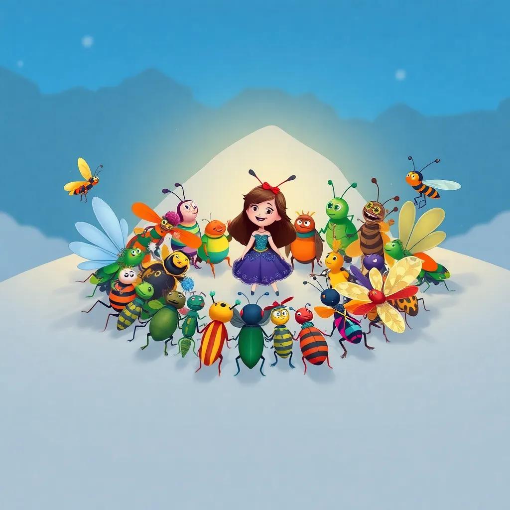 A gathering of various insects at the mountain top, forming a happy circle around Lila, celebrating their new friendships, festive and cheerful illustration