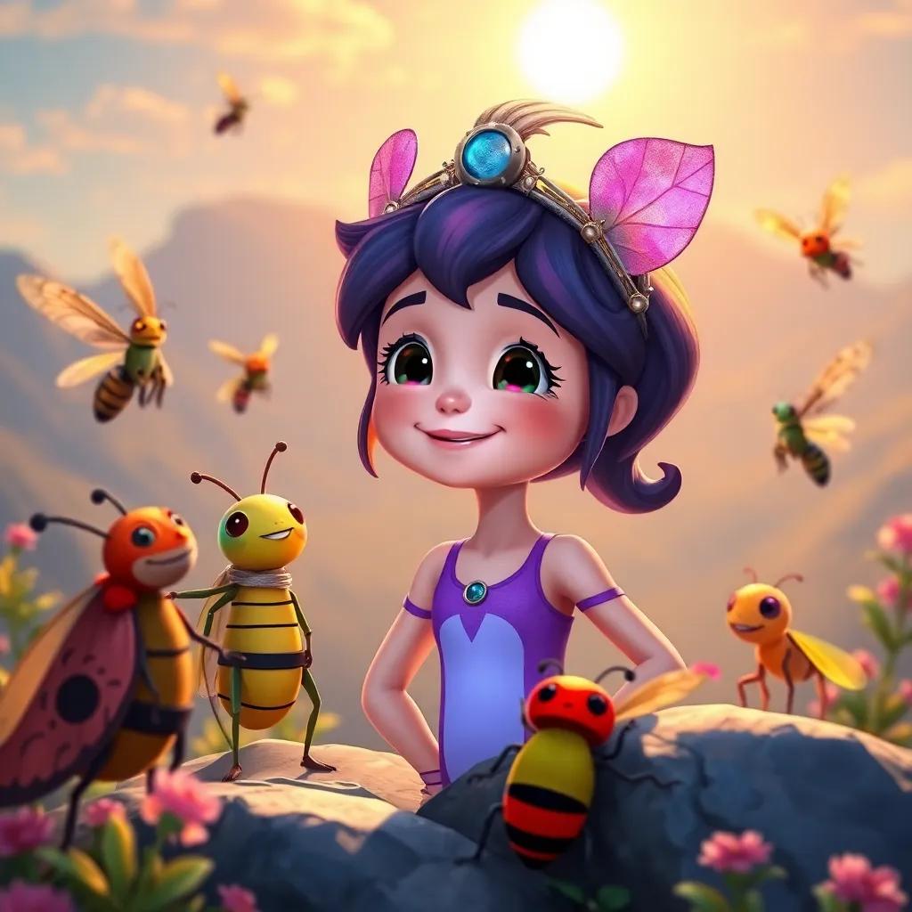Lila feeling proud and happy, surrounded by her new insect friends at the mountain top, with gentle sunlight casting a warm glow, uplifting scene, vivid colors