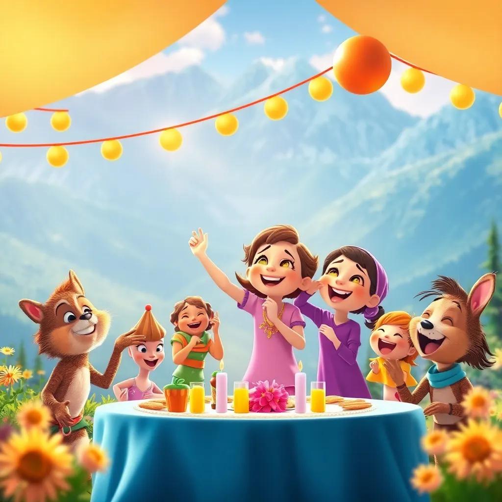 The happy celebration among Lila and her friends, with laughter and fun in the beautiful mountain scenery, high quality, heartwarming and joy-filled atmosphere