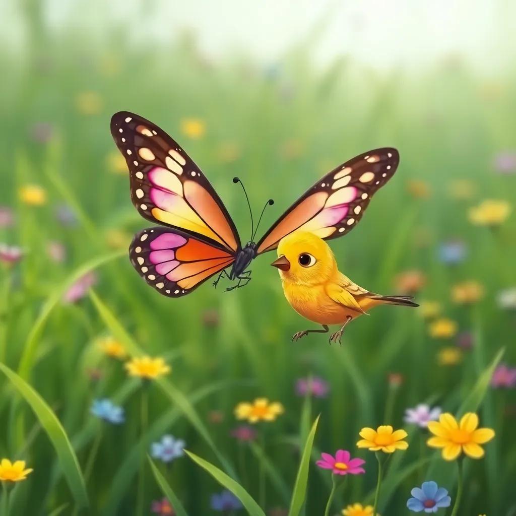 Lila, una pequeña mariposa con alas de colores brillantes, volando junto a un pajarito amarillo llamado Pi, en un campo verde lleno de hierba y flores, estilo amigable, colorido, ilustración infantil, alegre