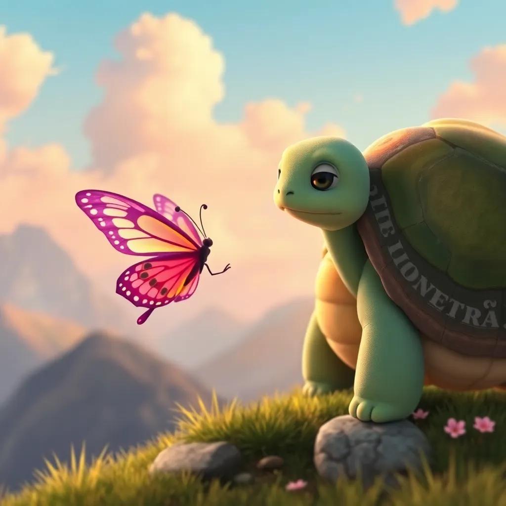 Lila, una pequeña mariposa con alas de colores brillantes, aprendiendo sobre corrientes de aire de una tortuga sabia llamada Tula, en un paisaje montañoso, con nubes suaves en el cielo, estilo natural, sereno, ilustración