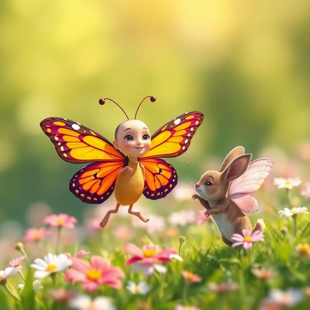 Lila, una pequeña mariposa con alas de colores brillantes, practicando con un conejito llamado Binky, saltando en un campo lleno de flores, sol brillante y alegre, estilo amigable, perfecto para niños, digital art