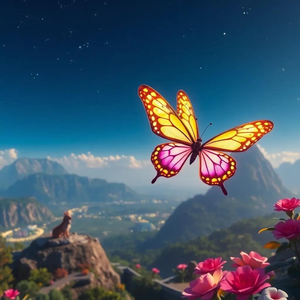 Lila, una pequeña mariposa con alas de colores brillantes, volando alto sobre una gran montaña, viendo el jardín abajo y a sus amigos animados, vista panorámica, vibrante, iluminado, mágico