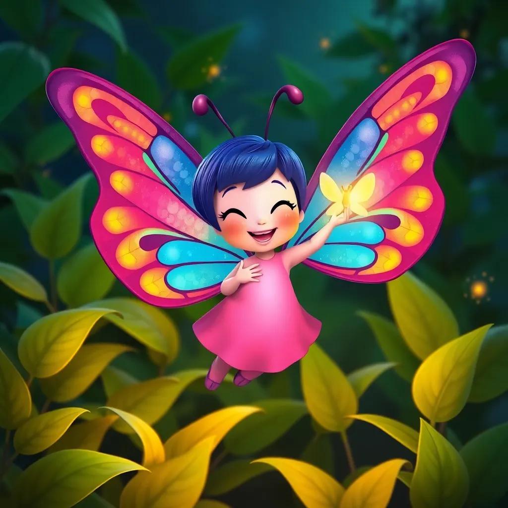 Lila the butterfly with colorful wings, jumping with a glowing firefly, surrounded by green leaves, smiling and playing together, joyful mood, child-friendly