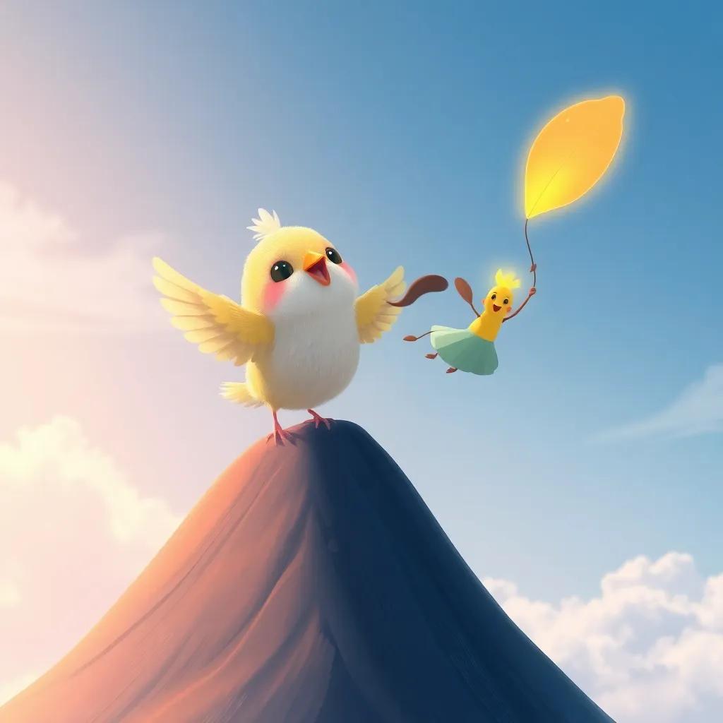 A small bird, Pico, with soft feathers, flying alongside Lila and the firefly, on top of a windy hill, showing excitement and friendship, illustration, bright colors, uplifting