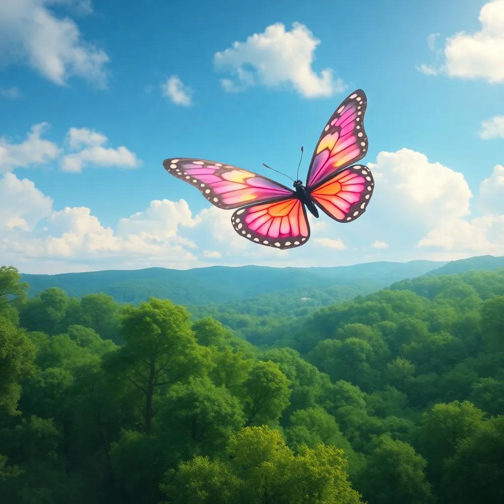 Lila, the butterfly, soaring in the sky, feeling the breeze, looking down at the green forest, inspiring mood, vibrant and hopeful, scenic view