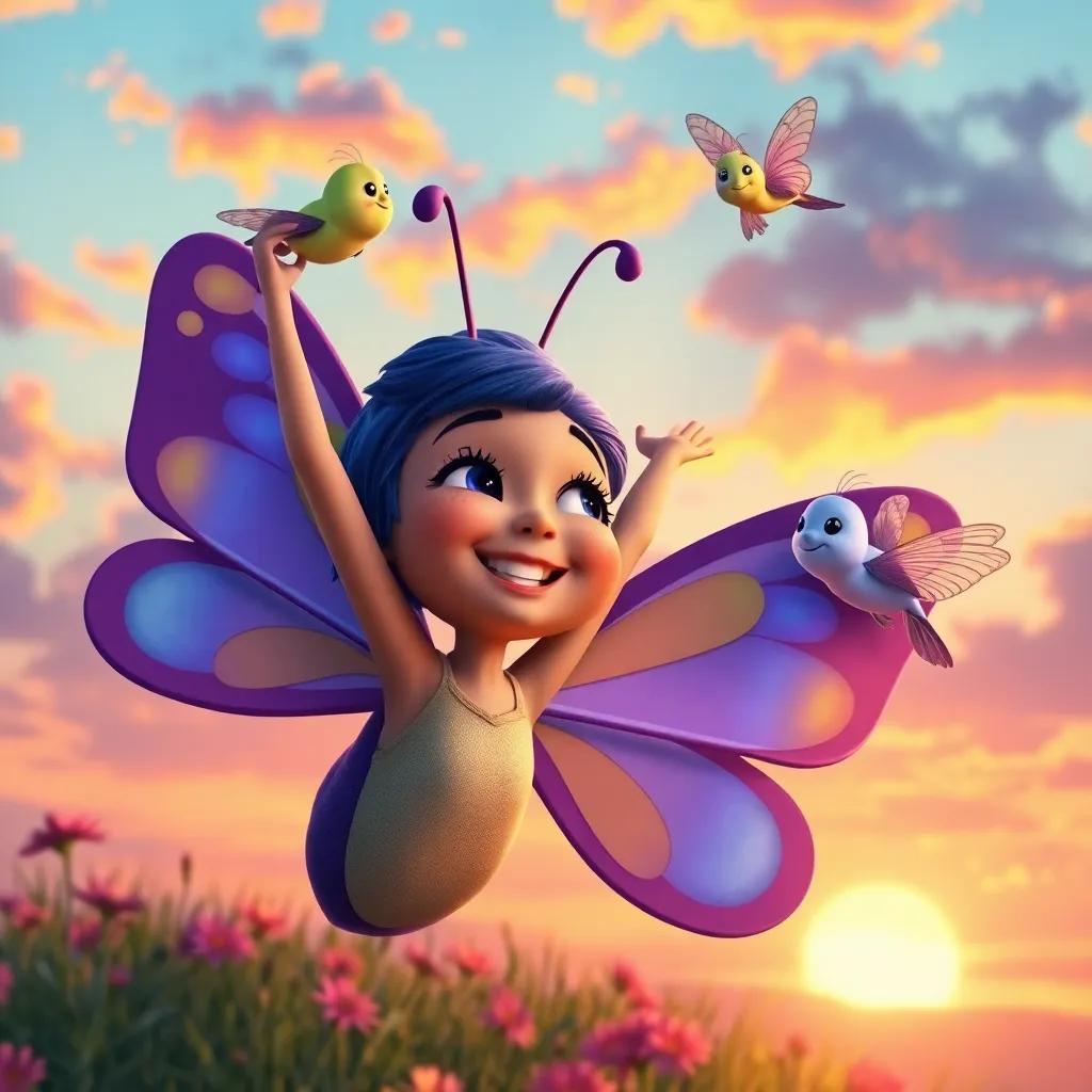 Lila, the butterfly, celebrating in the sky with her friends, smiling and happy as she achieves her dream, colorful sunset in the background, heartwarming, motivational atmosphere