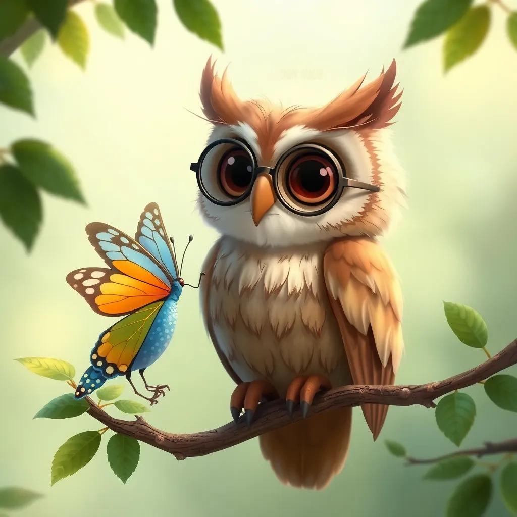 A wise old owl named Don Hugo, perched on a branch, giving advice to Lila the butterfly, with big round glasses and a thoughtful expression, surrounded by leaves, digital art, cozy and friendly, soft colors, engaging composition